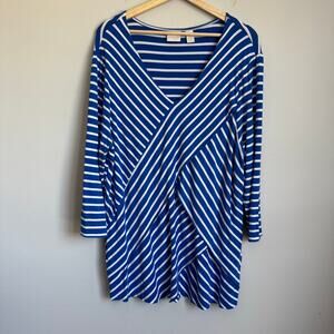 Chico's Tunic Top Size 3 XL US Size 16 Royal Blue White Striped V-Neck